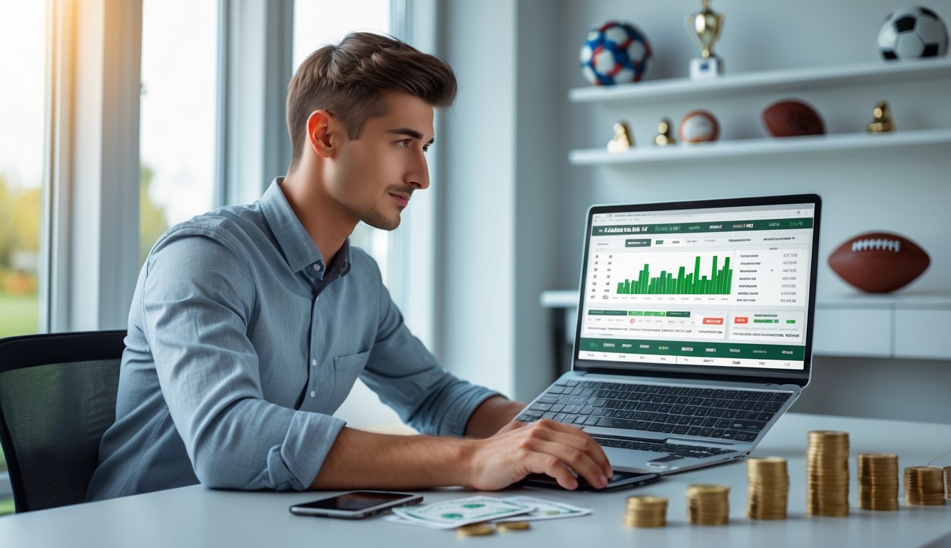 Seorang pria muda duduk di meja dengan laptop, fokus melihat statistik taruhan olahraga, di ruangan terang dengan jendela besar dan beberapa koin di meja.