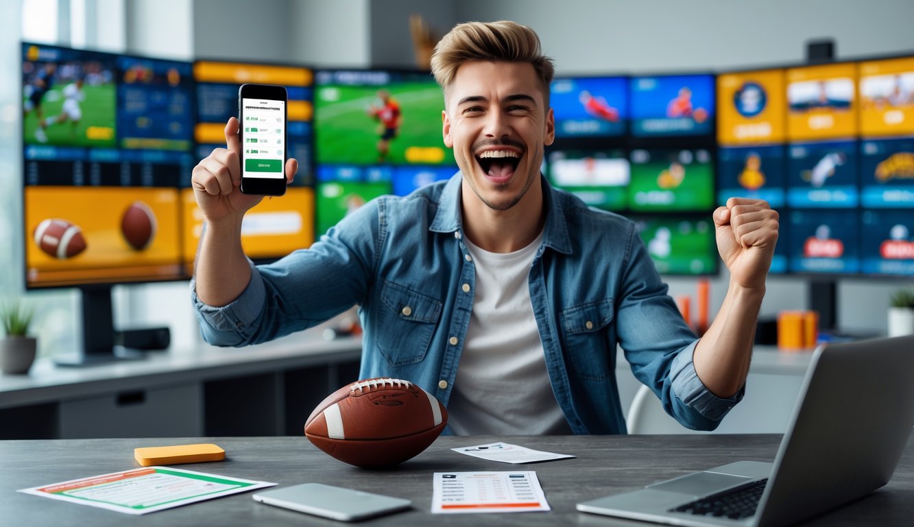 Seorang pria muda yang percaya diri dan gembira merayakan kemenangan taruhan olahraga di depan beberapa layar yang menampilkan berbagai pertandingan olahraga.
