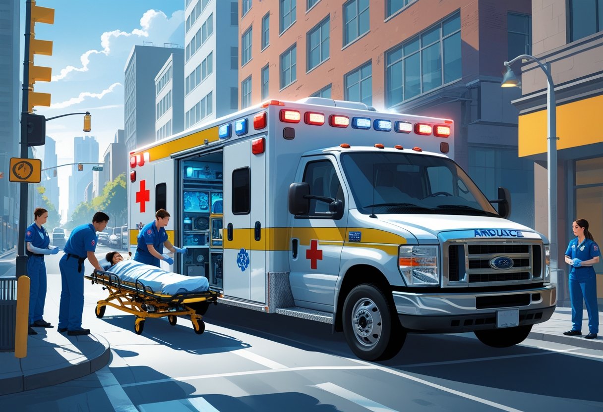 Ambulância de suporte avançado com paramédicos atendendo um paciente em uma rua da cidade.