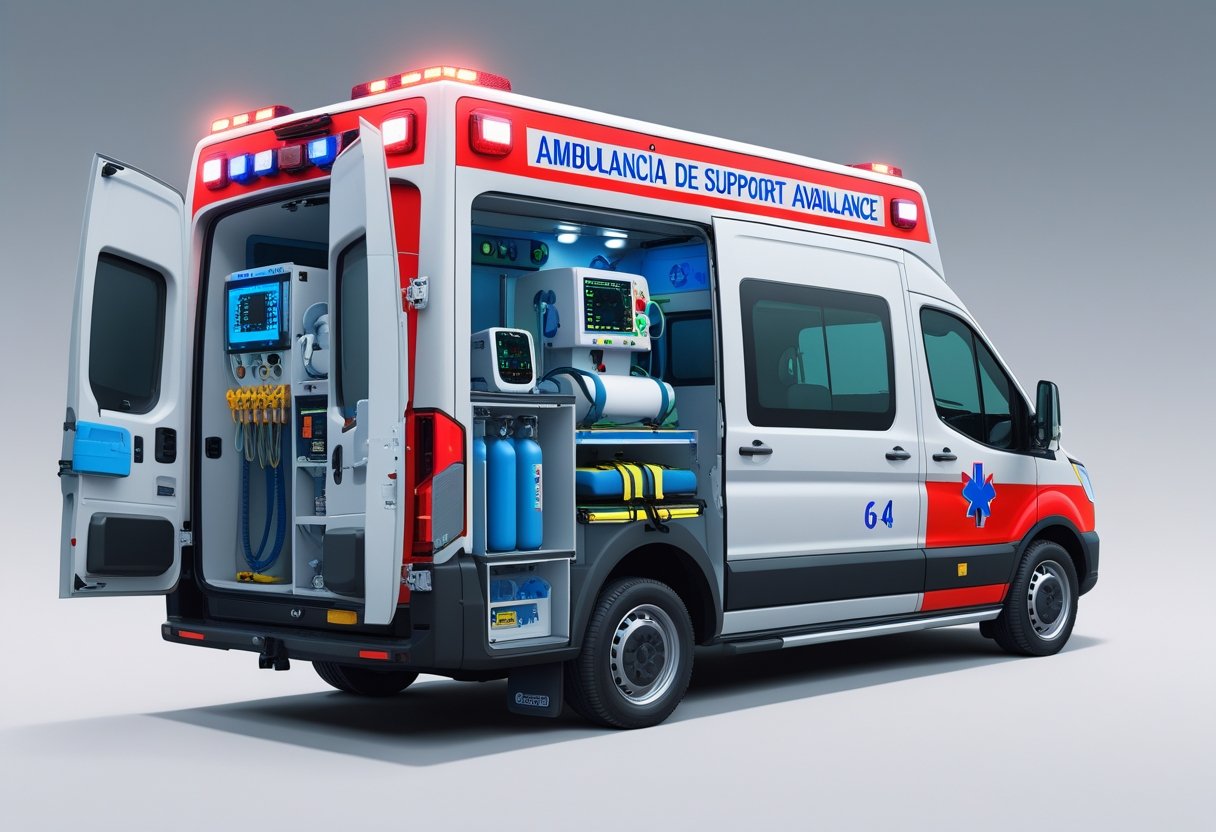 Ilustração de uma ambulância de suporte avançado com a porta lateral aberta, mostrando equipamentos médicos avançados organizados no interior, como monitor cardíaco, ventilador, bombas de infusão, tanques de oxigênio e maca.