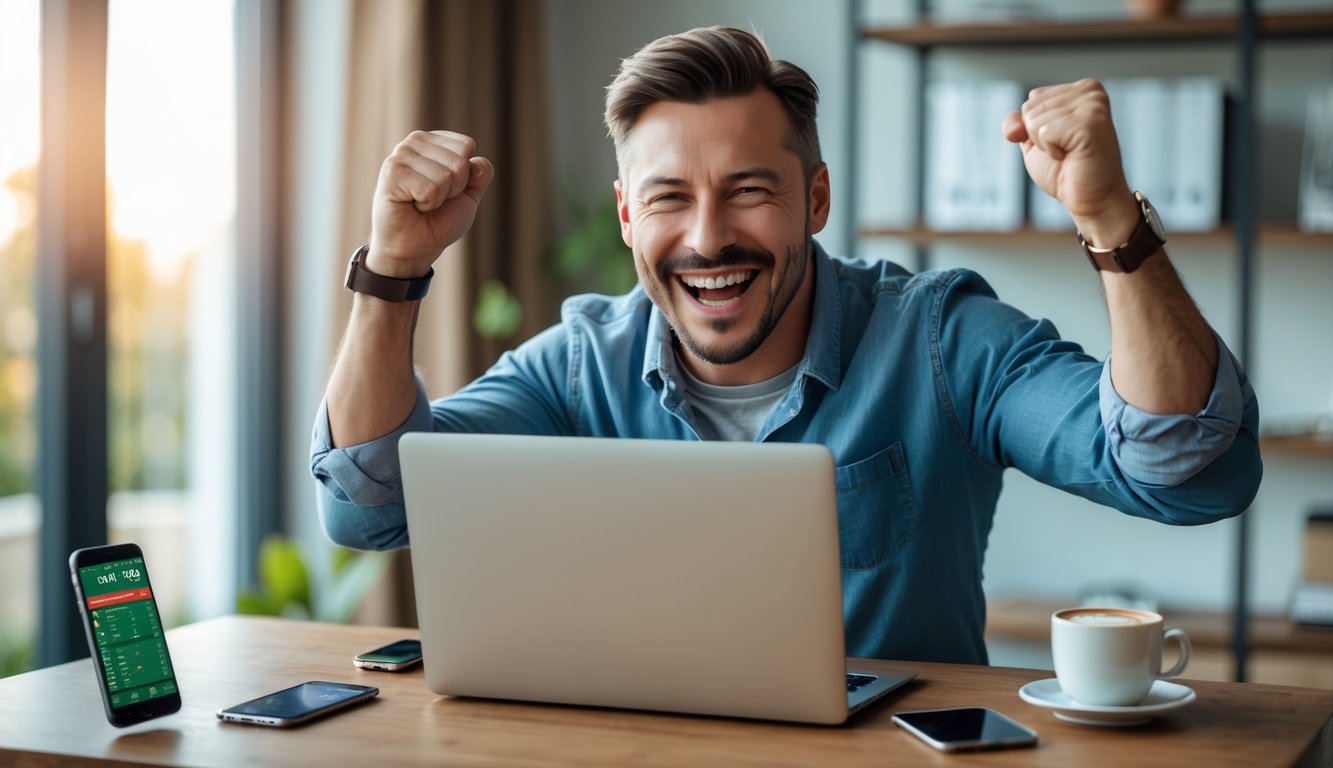 Seorang pria tersenyum dan mengangkat tinju sambil duduk di depan laptop di ruang kerja modern.