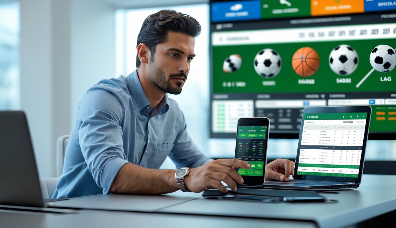 Seorang pria duduk di meja dengan beberapa perangkat digital menampilkan antarmuka taruhan olahraga, di latar belakang layar besar dengan ikon berbagai olahraga.