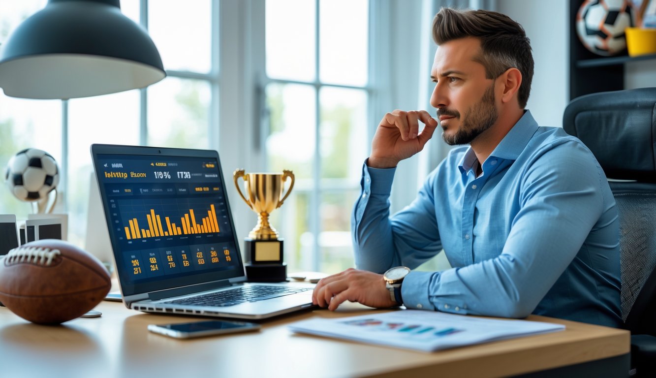Seorang pria duduk di meja dengan laptop, menganalisis data taruhan olahraga di ruang kerja yang terang.