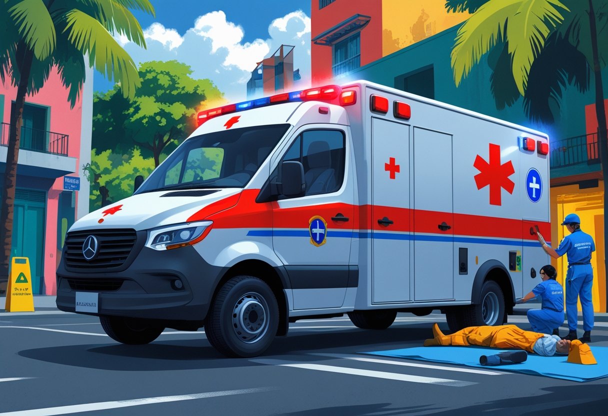 Uma ambulância brasileira em uma rua da cidade com um paramédico atendendo uma emergência médica.