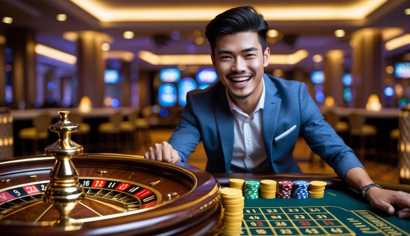 Seorang pria muda sedang merayakan kemenangan di meja roulette emas di dalam kasino.