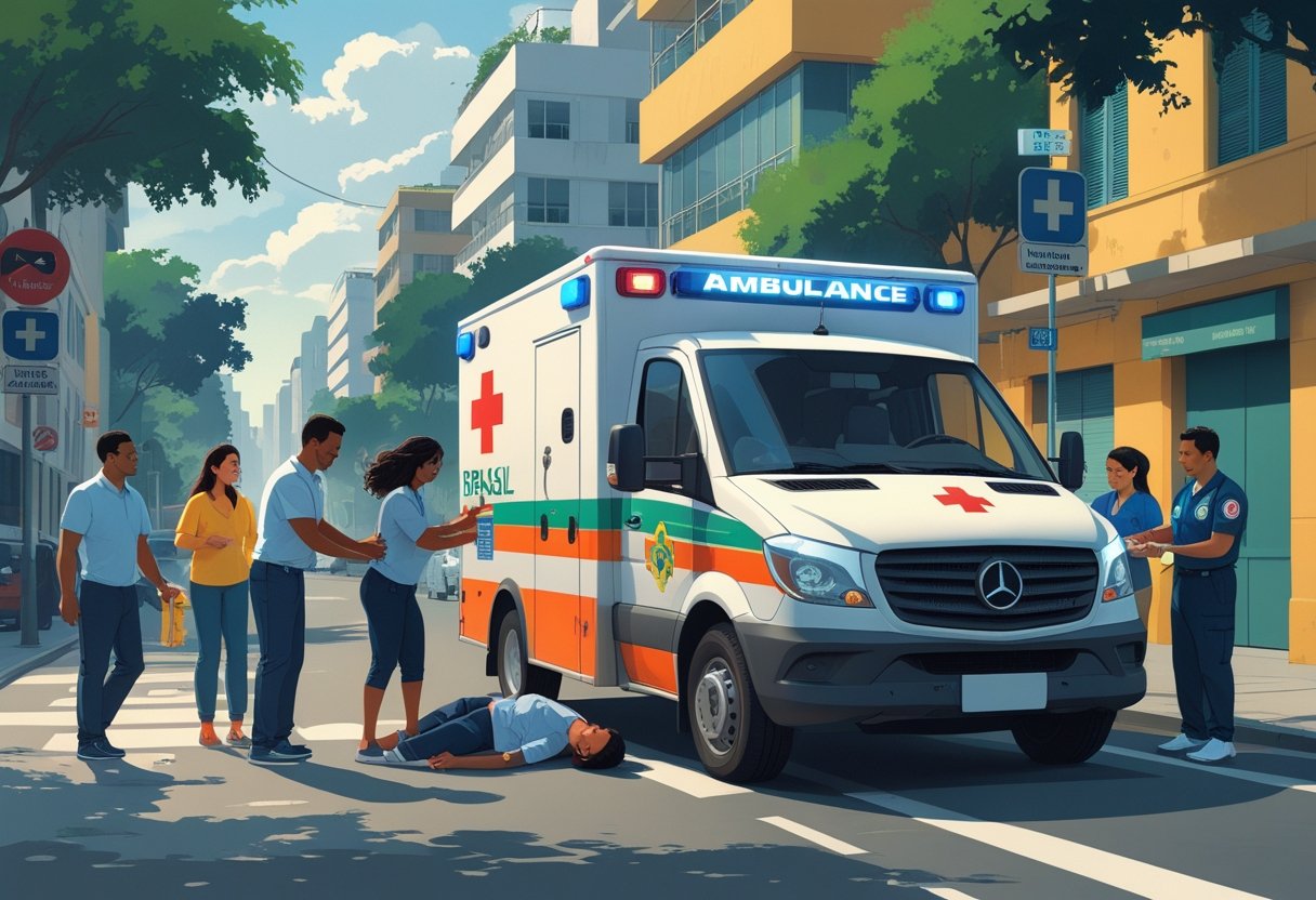 Cena de uma ambulância brasileira atendendo uma pessoa ferida na rua, com um paramédico ajudando e pessoas ao redor observando.