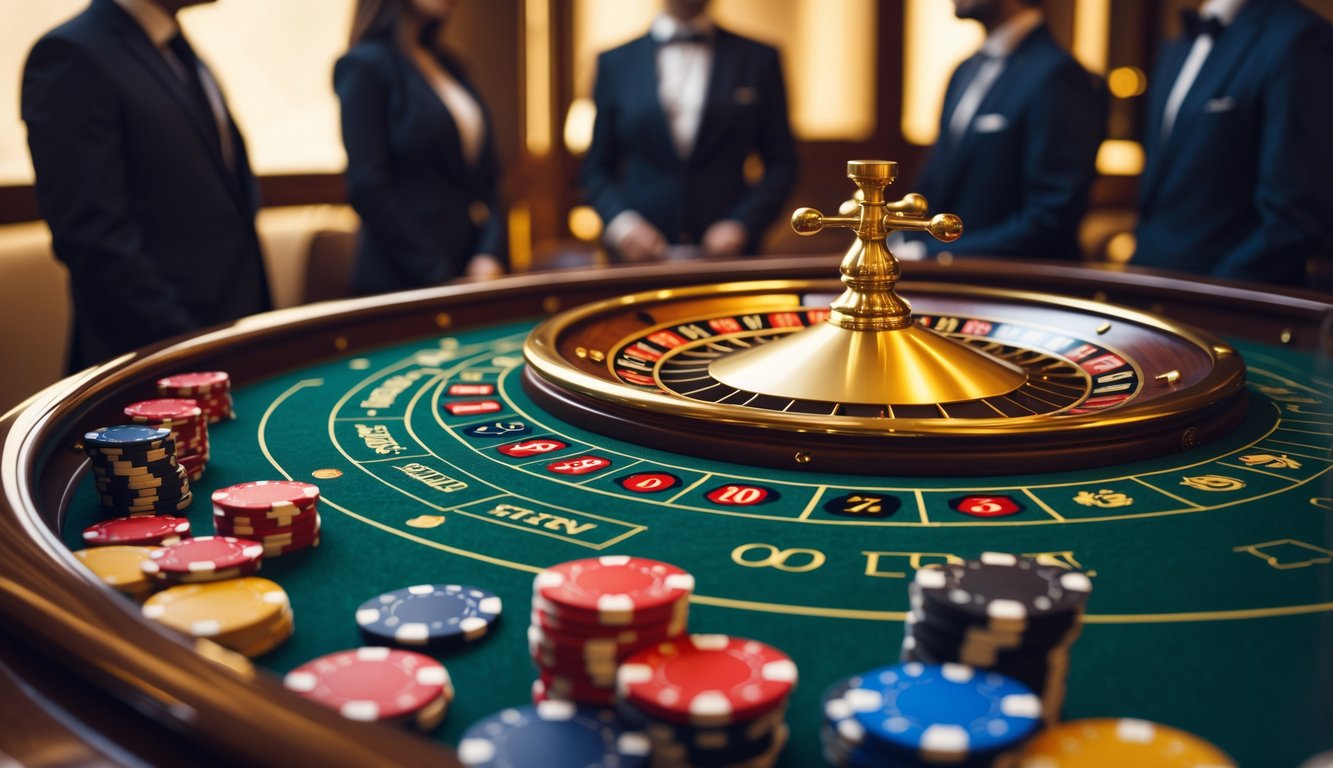 Meja roulette emas dengan tumpukan chip poker dan pemain yang sedang mengamati permainan.
