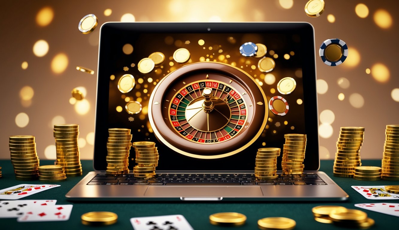 Sebuah laptop menampilkan roda roulette emas yang berputar dengan chip poker dan koin emas di sekitarnya.