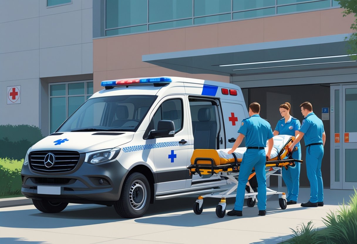 Serviço de Ambulância Particular: Como Escolher a Melhor Opção Para Transporte Médico 1 Uma ambulância particular moderna estacionada em frente a um hospital, com paramédicos uniformizados ajudando um paciente em uma maca a entrar na ambulância.