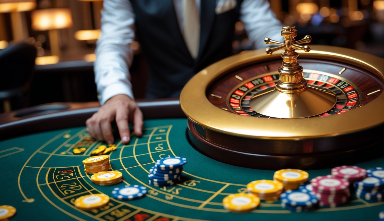 Meja roulette emas dengan roda berputar dan chip taruhan di kasino, seseorang sedang memasang taruhan.