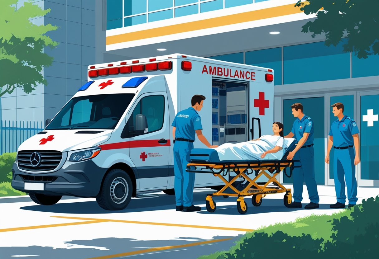 Serviço de Ambulância Particular: Como Escolher a Melhor Opção Para Transporte Médico 2 Uma ambulância particular estacionada em frente a um hospital, com paramédicos atendendo um paciente em uma maca.