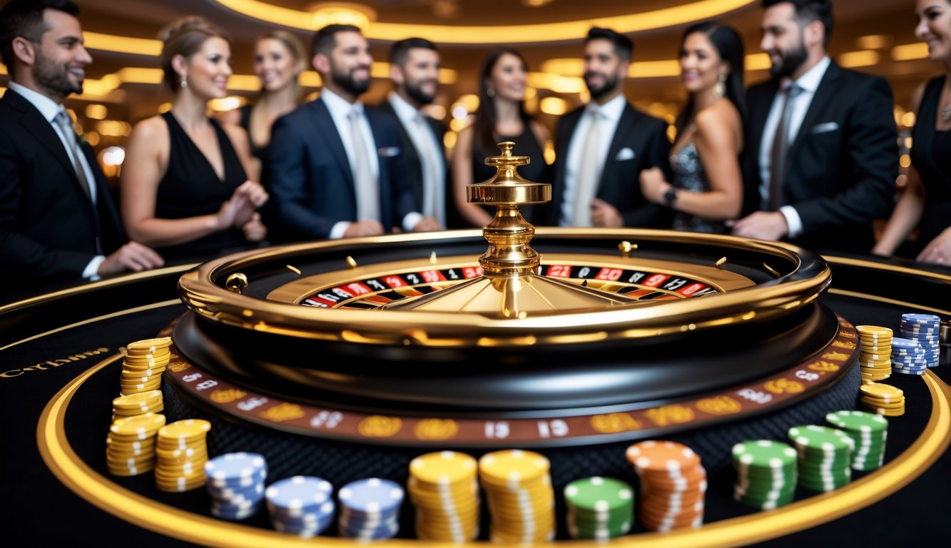 Meja roulette emas berputar dengan pemain berpakaian rapi di kasino mewah yang penuh antisipasi.