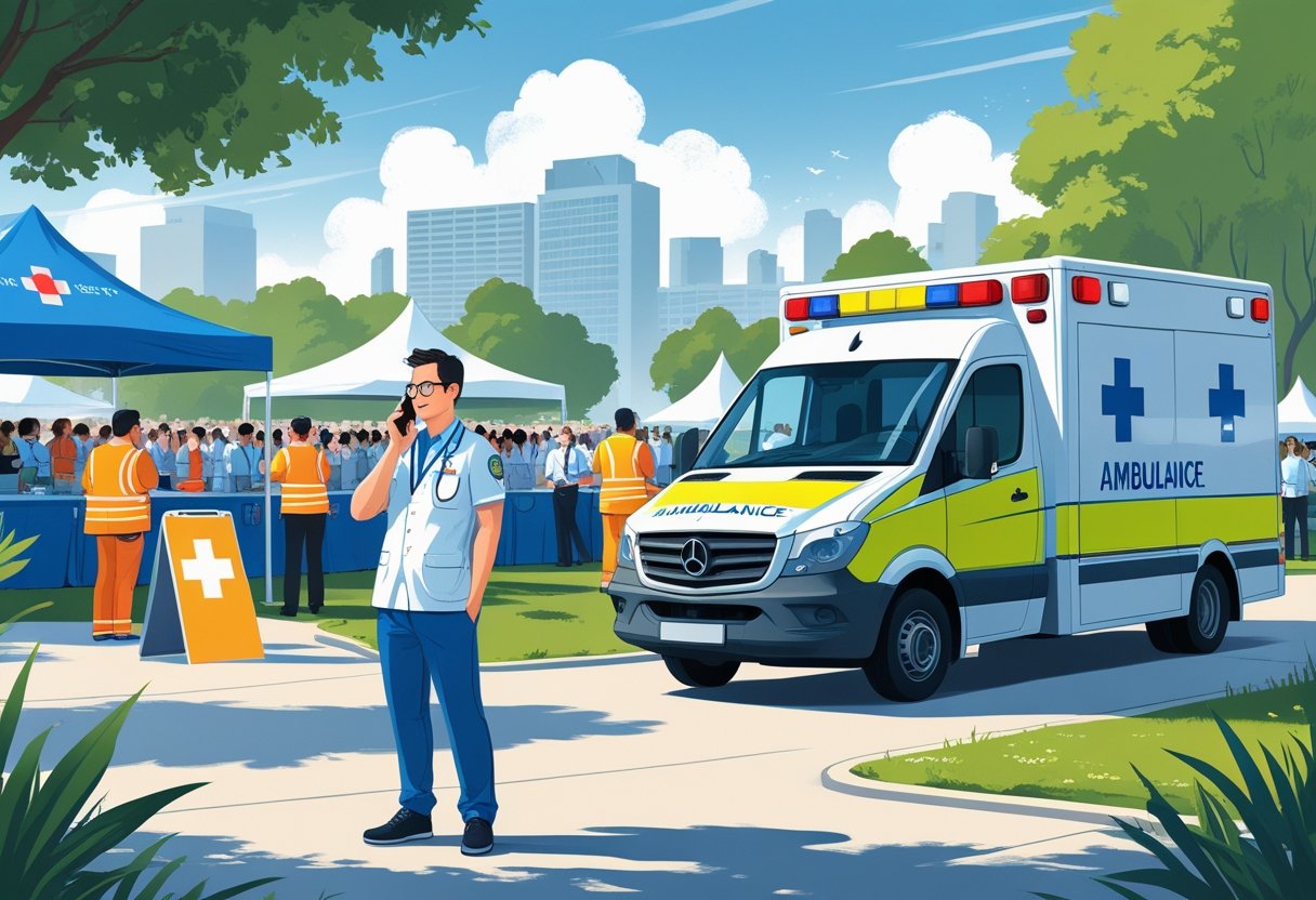 Pessoa fazendo uma ligação para solicitar uma ambulância em um evento ao ar livre, com equipe médica e ambulância pronta para atendimento.