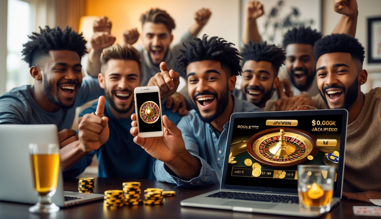 Sekelompok pria muda merayakan kemenangan besar saat bermain roulette emas secara online di ruang tamu modern.