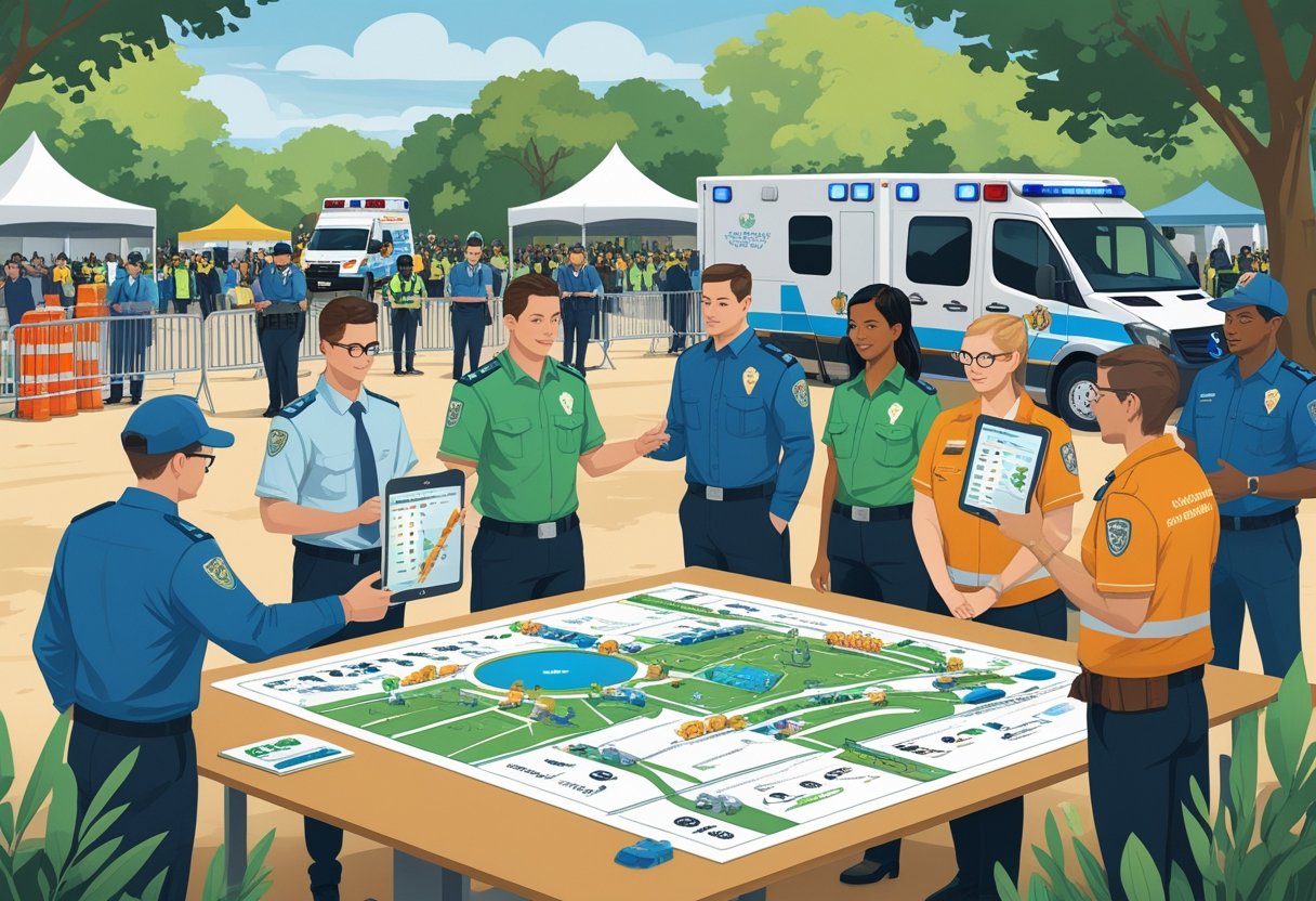 Profissionais de segurança e organizadores reunidos ao redor de uma mesa com mapas e planos de segurança para um evento, com uma ambulância e uma estação de primeiros socorros visíveis ao fundo.