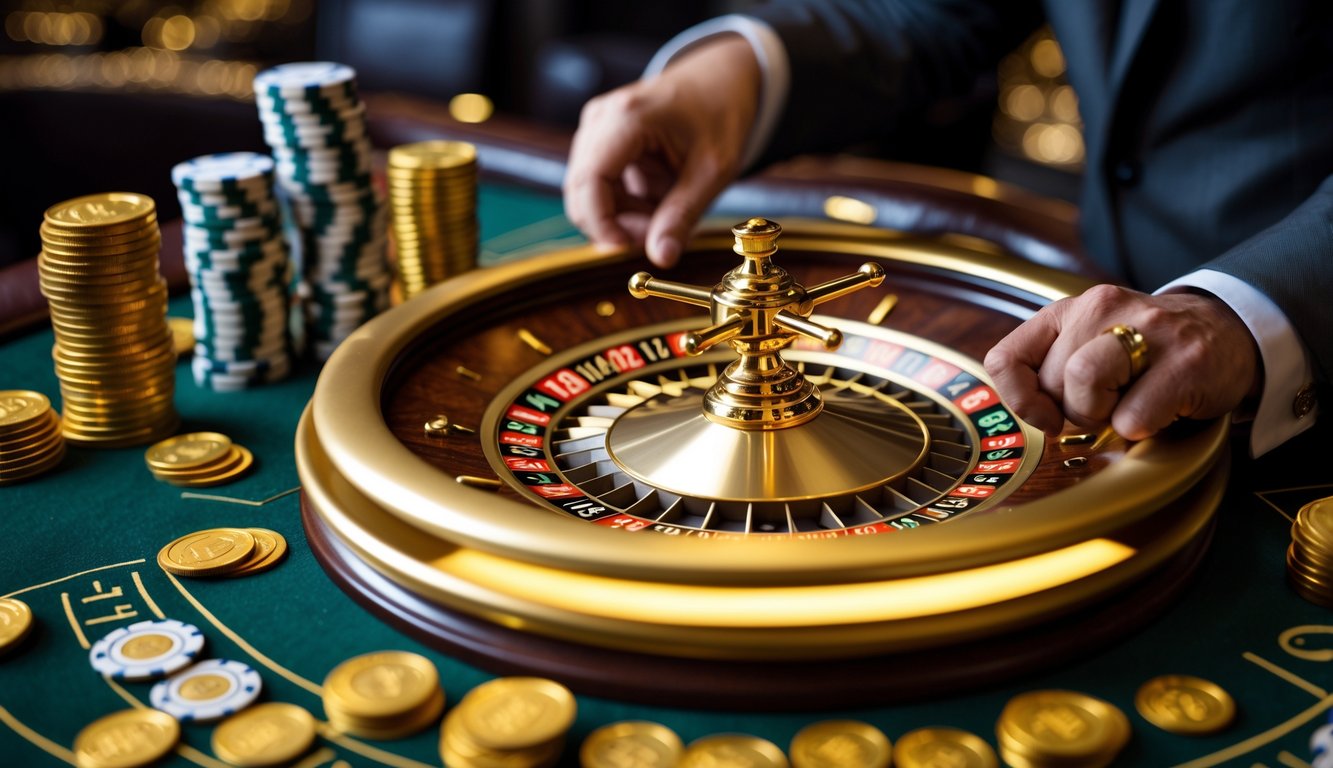 Tangan seseorang memasang taruhan di meja roulette dengan roda roulette berwarna emas dan tumpukan koin emas di sekitarnya.