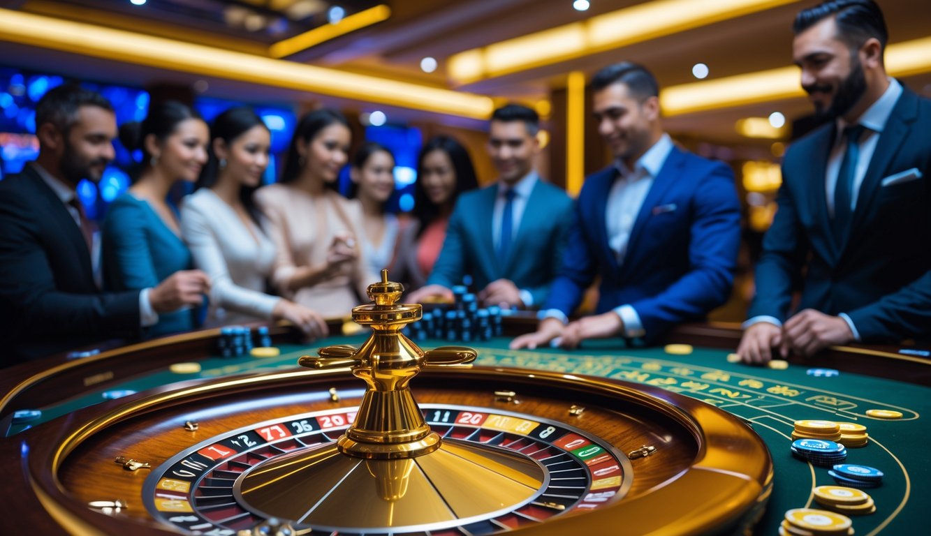 Meja roulette emas di kasino dengan orang-orang berpakaian rapi bermain dan fokus pada permainan.