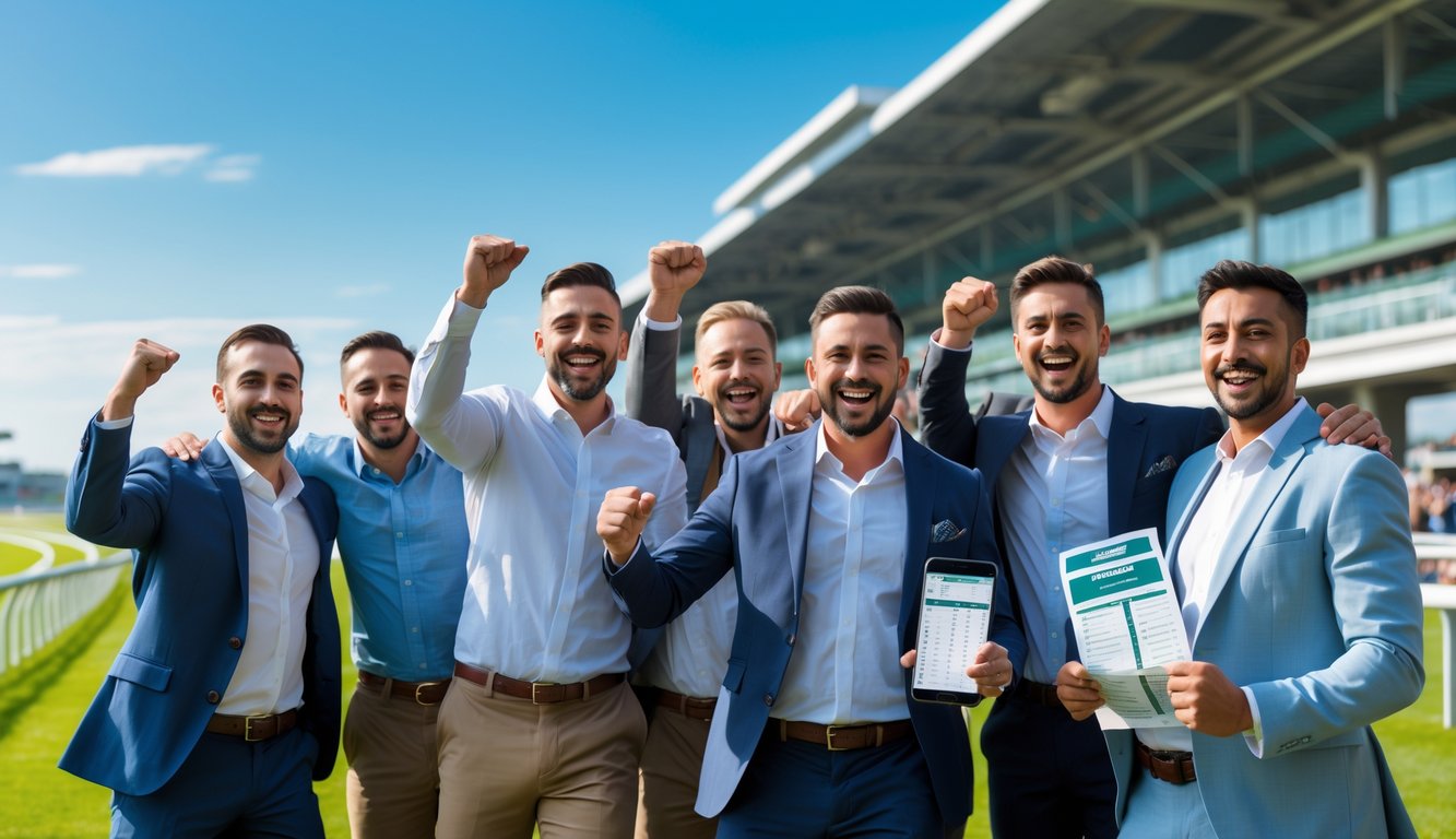 Sekelompok pria merayakan kemenangan di arena pacuan kuda dengan latar belakang tribun dan lapangan hijau.
