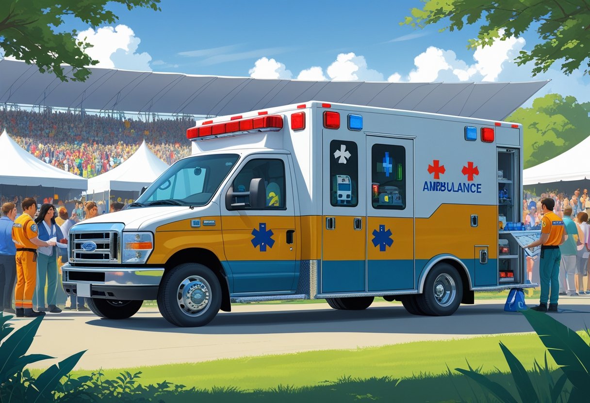 Uma ambulância estacionada perto de um evento ao ar livre com paramédicos prontos para atender pessoas.