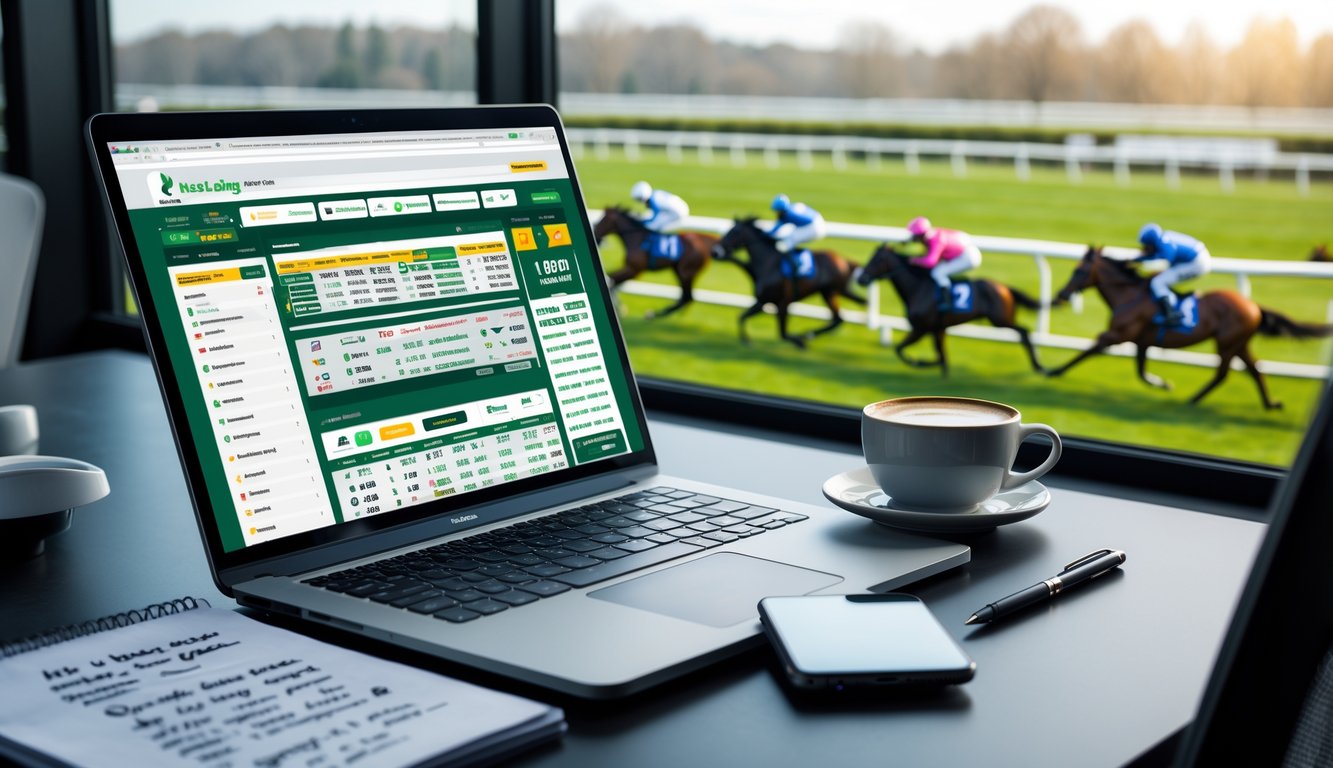 Seseorang duduk di depan laptop dengan situs balap kuda online terbuka, di meja ada catatan dan kopi, latar belakang menunjukkan lintasan balap kuda dengan kuda yang sedang berlari.