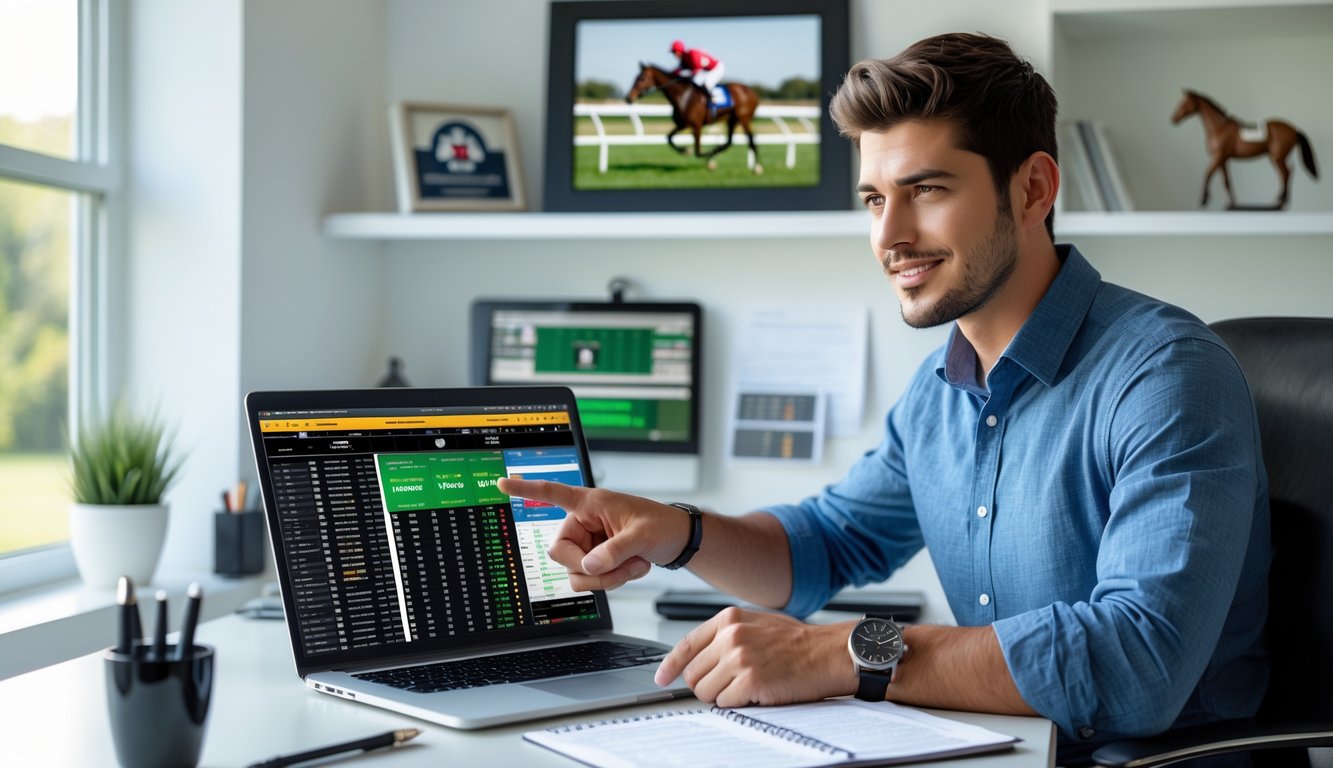 Seorang pria muda duduk di meja dengan laptop, menganalisis data balap kuda di ruang kerja yang terang dan rapi.