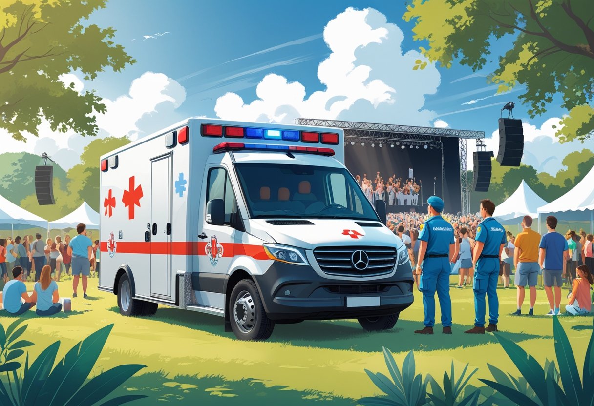 Ambulância estacionada próxima a um grande evento ao ar livre com pessoas e equipe médica pronta para atendimento.