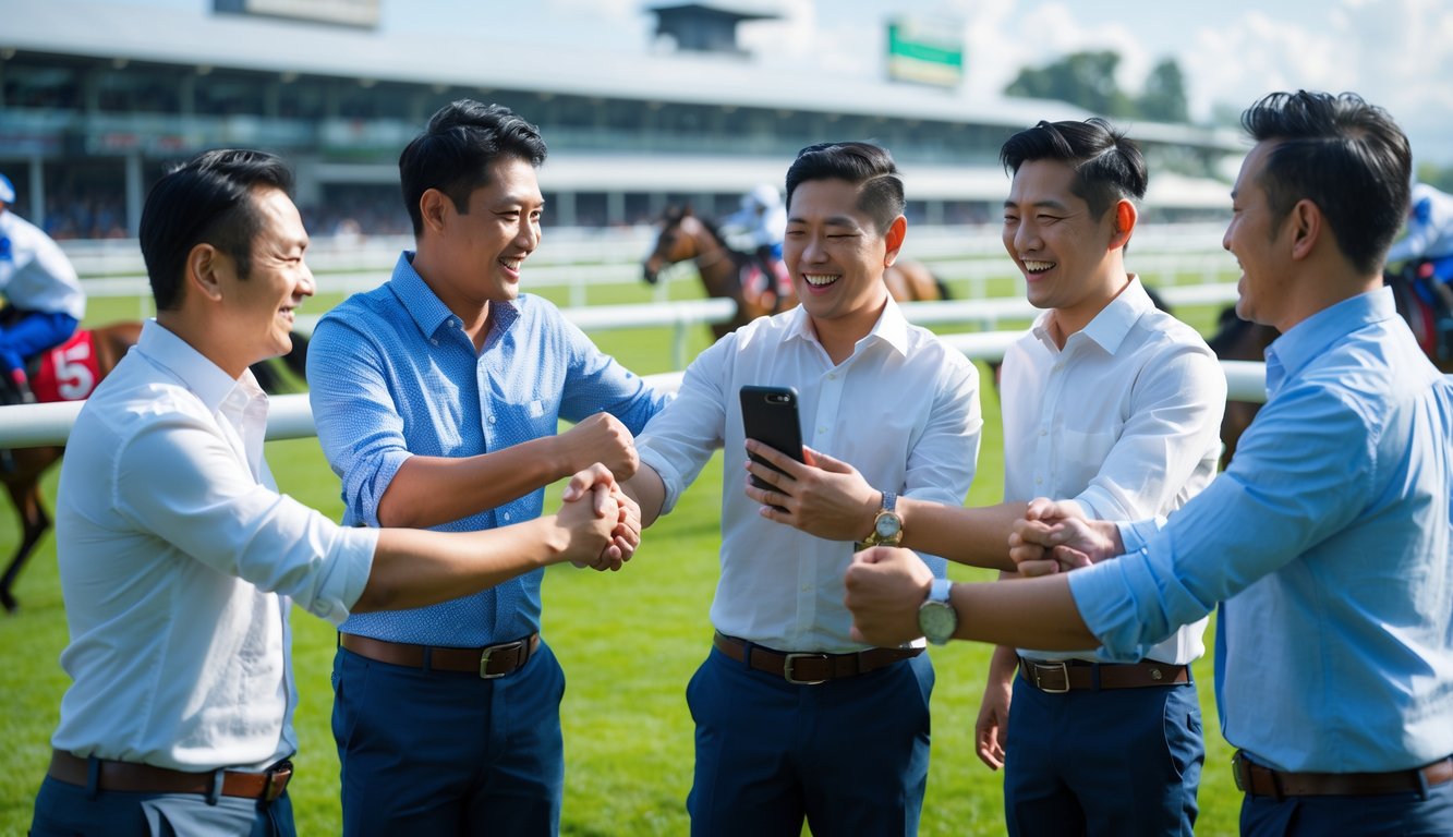 Sekelompok pria merayakan kemenangan taruhan balap kuda di sebuah arena balap dengan latar belakang kuda dan joki.