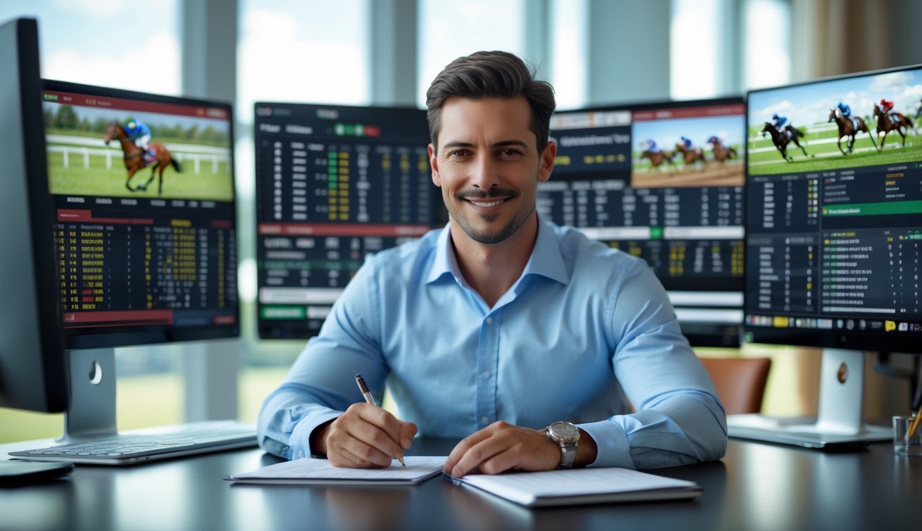 Seorang pria duduk di meja dengan beberapa layar komputer yang menampilkan grafik balap kuda dan taruhan, tampak fokus dan tersenyum sambil mencatat.