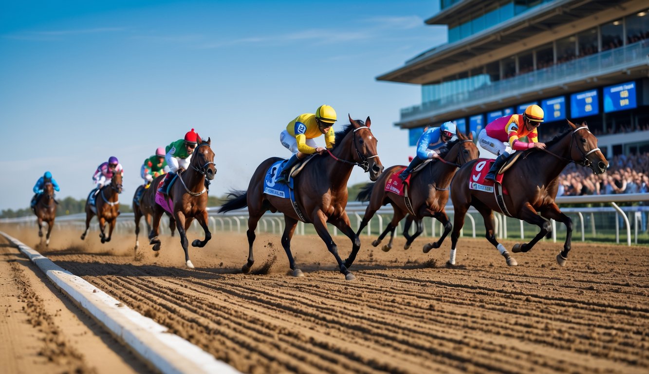 Adegan balap kuda dengan beberapa kuda dan joki berlari di lintasan, penonton bersorak di tribun, dan suasana penuh semangat perlombaan.