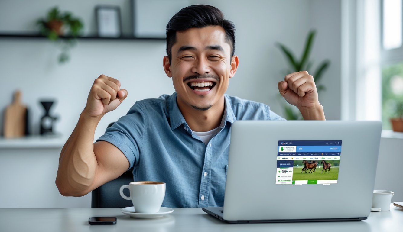 Seorang pria Indonesia muda tersenyum dan mengangkat tinju di depan laptop setelah menang judi balap kuda online dengan modal kecil.