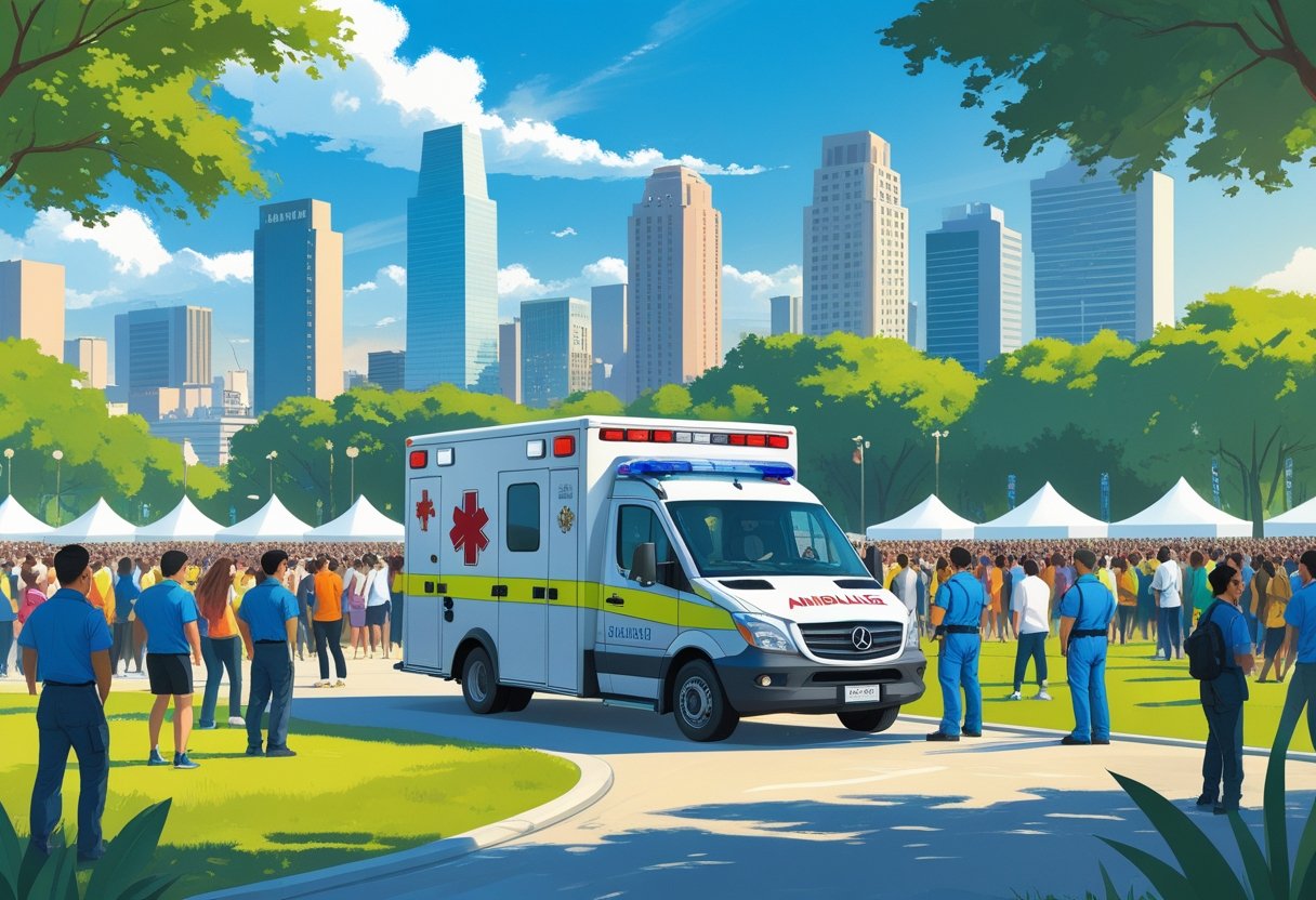 Evento ao ar livre em São Paulo com ambulância estacionada e paramédicos atentos, pessoas aproveitando a festa e prédios da cidade ao fundo.