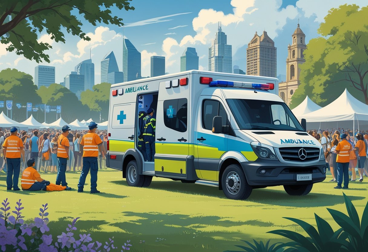 Ambulância equipada com profissionais de saúde atendendo pessoas em um evento ao ar livre em São Paulo, com público e elementos que indicam segurança e conformidade legal.