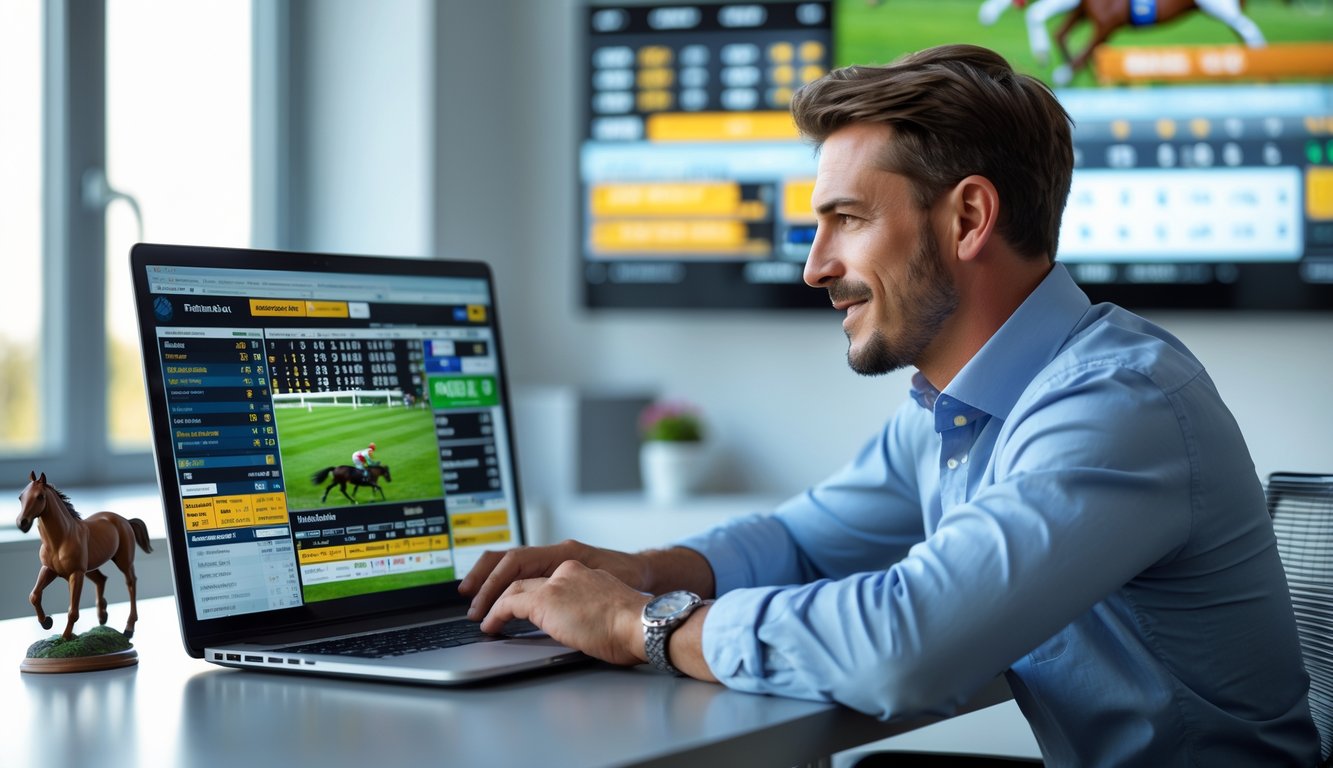 Seorang pria duduk di meja dengan laptop, melihat data balap kuda dan peluang taruhan, di ruangan dengan layar menampilkan balapan kuda.
