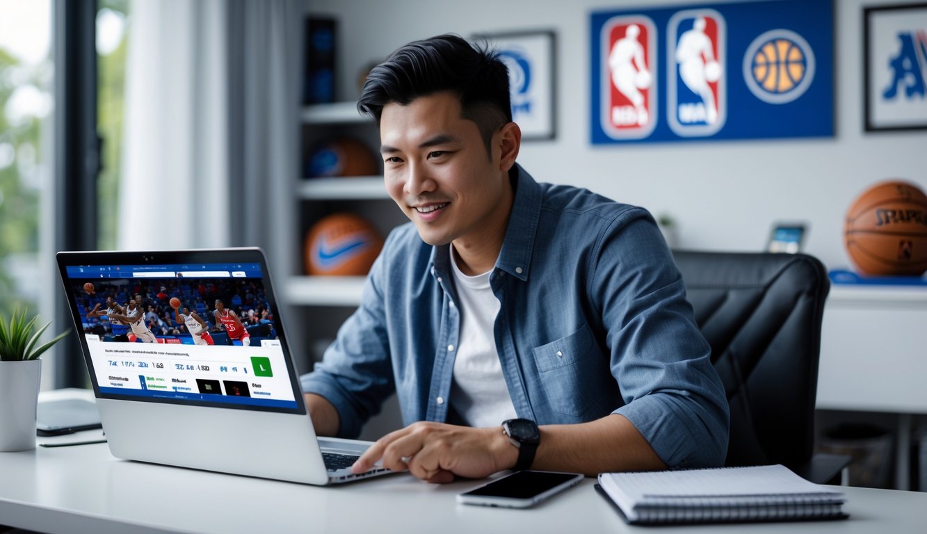Seorang pria muda Indonesia duduk di meja dengan laptop, fokus melihat situs taruhan olahraga NBA di layar.