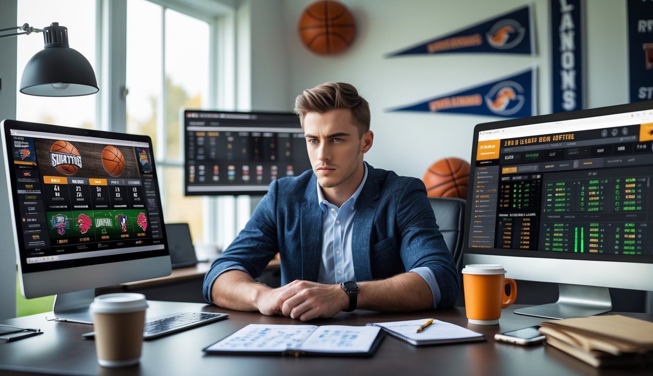 Seorang pria muda duduk di meja dengan beberapa layar komputer yang menampilkan pertandingan NBA dan aplikasi taruhan olahraga, fokus bekerja dengan alat tulis dan minuman di sampingnya.