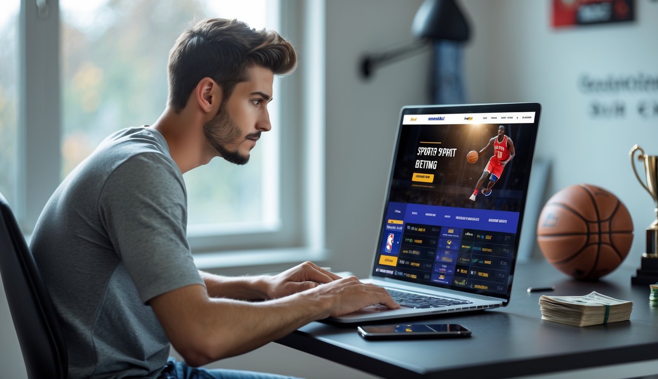 Seorang pria muda duduk di meja dengan laptop, terlihat fokus dan serius sambil menggunakan situs taruhan olahraga NBA.