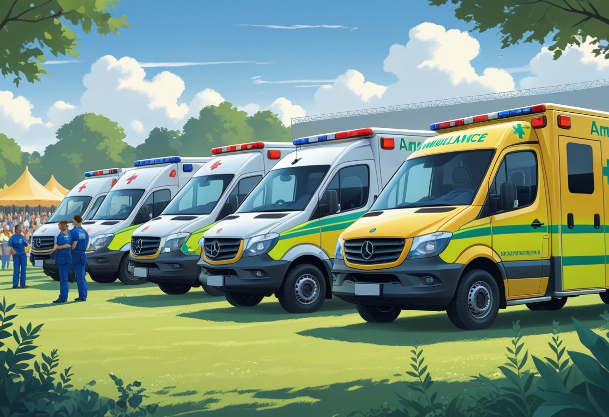 Vários tipos de ambulâncias alinhadas em um evento ao ar livre, com pessoas e tendas ao fundo, mostrando paramédicos prontos para atender.