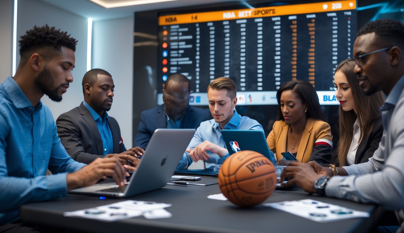 Beberapa orang sedang memasang taruhan pada pertandingan NBA menggunakan perangkat elektronik di ruangan modern dengan layar besar menampilkan statistik pertandingan.