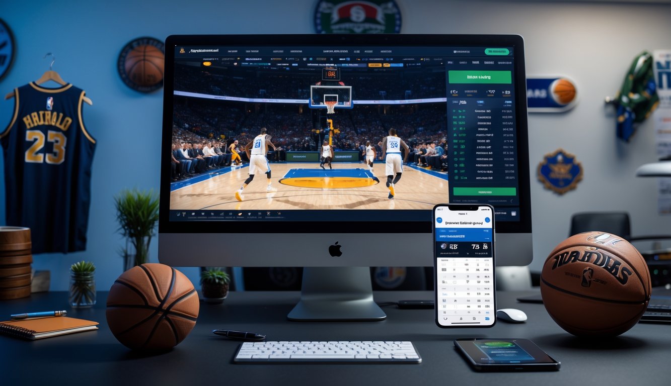Sebuah meja kerja dengan komputer dan ponsel yang menampilkan pertandingan bola basket NBA dan aplikasi taruhan olahraga, dengan bola basket dan alat tulis di sekitarnya.