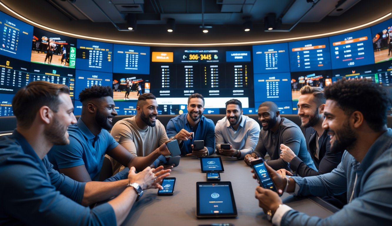 Sekelompok pria sedang berkumpul di ruang taruhan olahraga dengan layar besar menampilkan skor dan statistik pertandingan NBA.