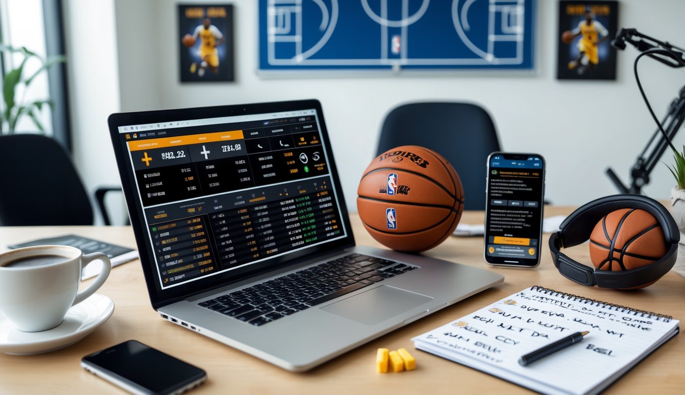 Meja kerja dengan laptop, ponsel, dan catatan di sekitar alat bertema bola basket, menampilkan suasana fokus pada taruhan olahraga NBA.