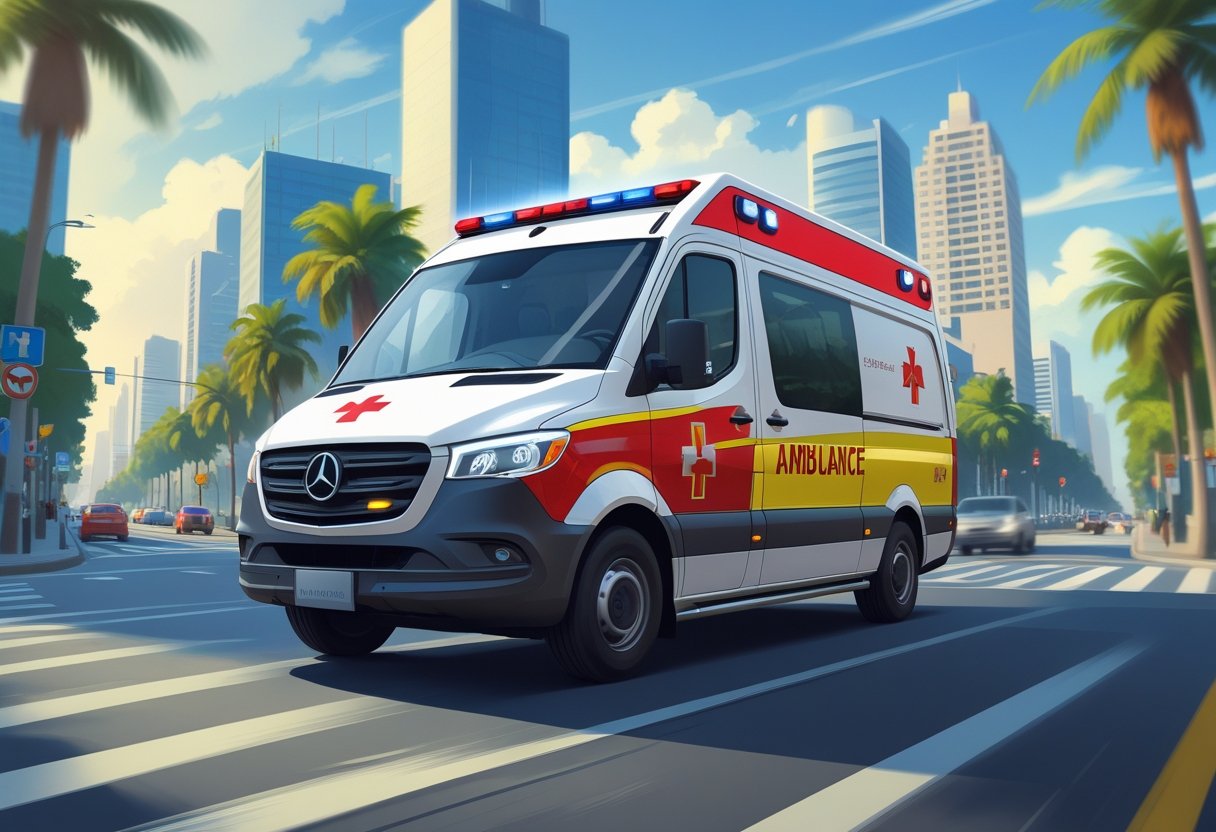 Uma ambulância branca com marcações vermelhas e amarelas em movimento em uma rua movimentada de São Paulo, com prédios altos e árvores ao fundo.