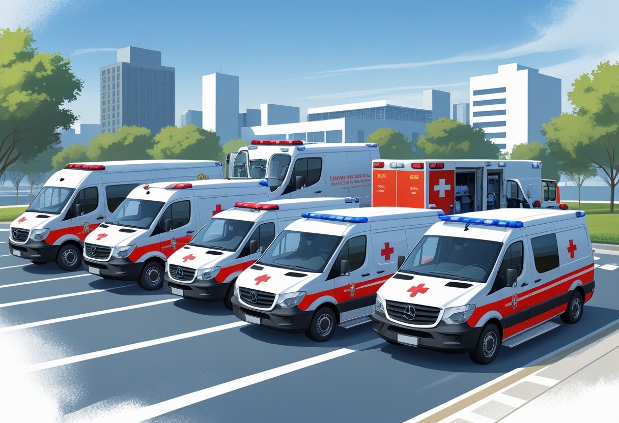 Linha de diferentes tipos de ambulâncias estacionadas em uma área urbana representando São Paulo.