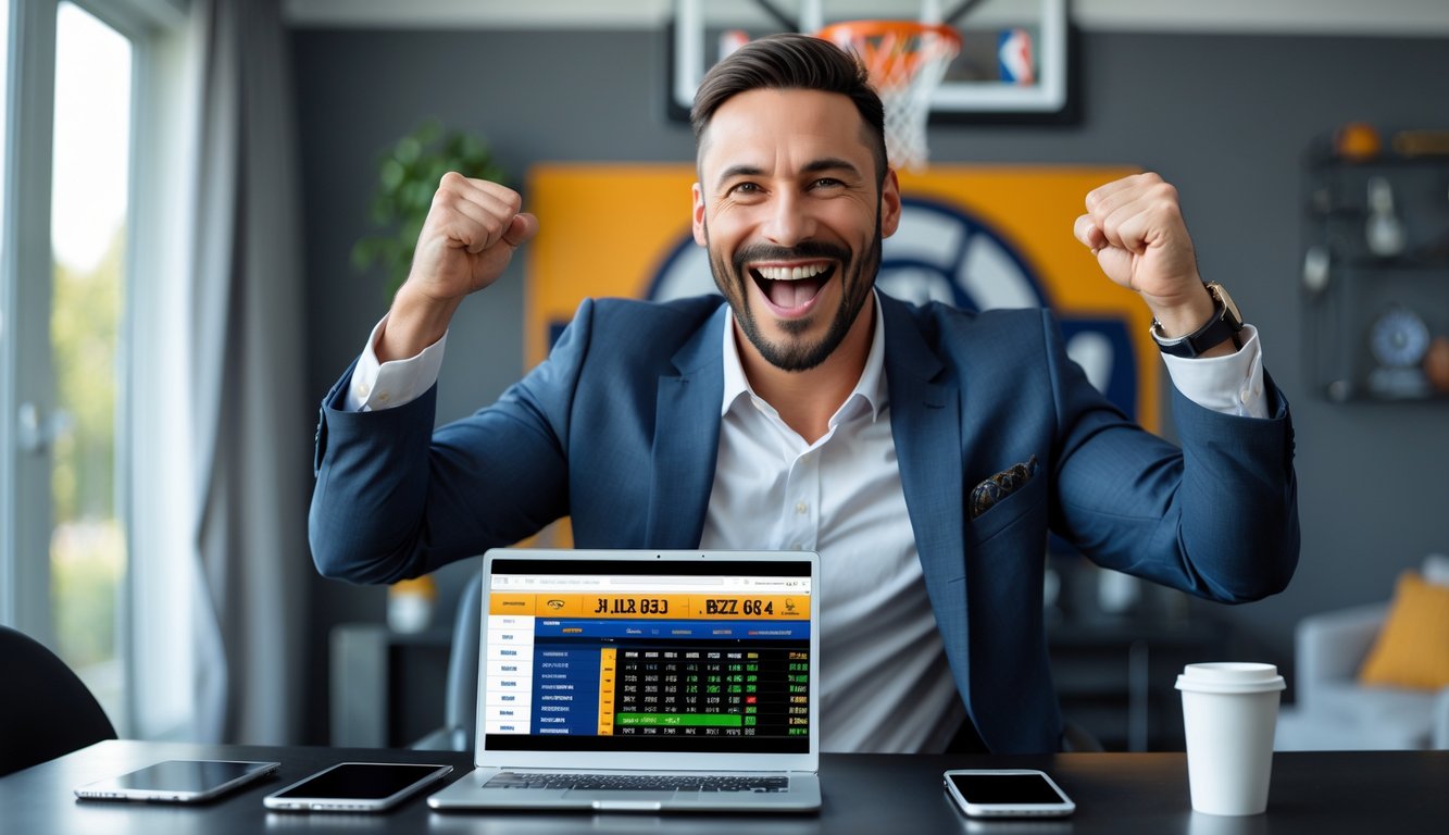 Seorang pria sedang merayakan kemenangan taruhan olahraga NBA di ruang tamu dengan laptop dan ponsel di meja.