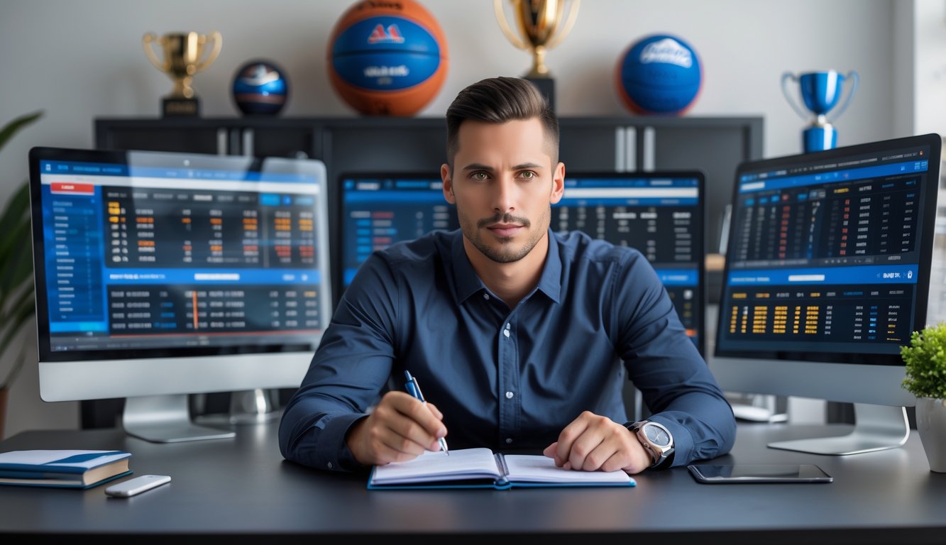 Seorang pria duduk di depan komputer dengan layar menampilkan pertandingan NBA dan data taruhan olahraga, di ruang kerja dengan dekorasi olahraga.