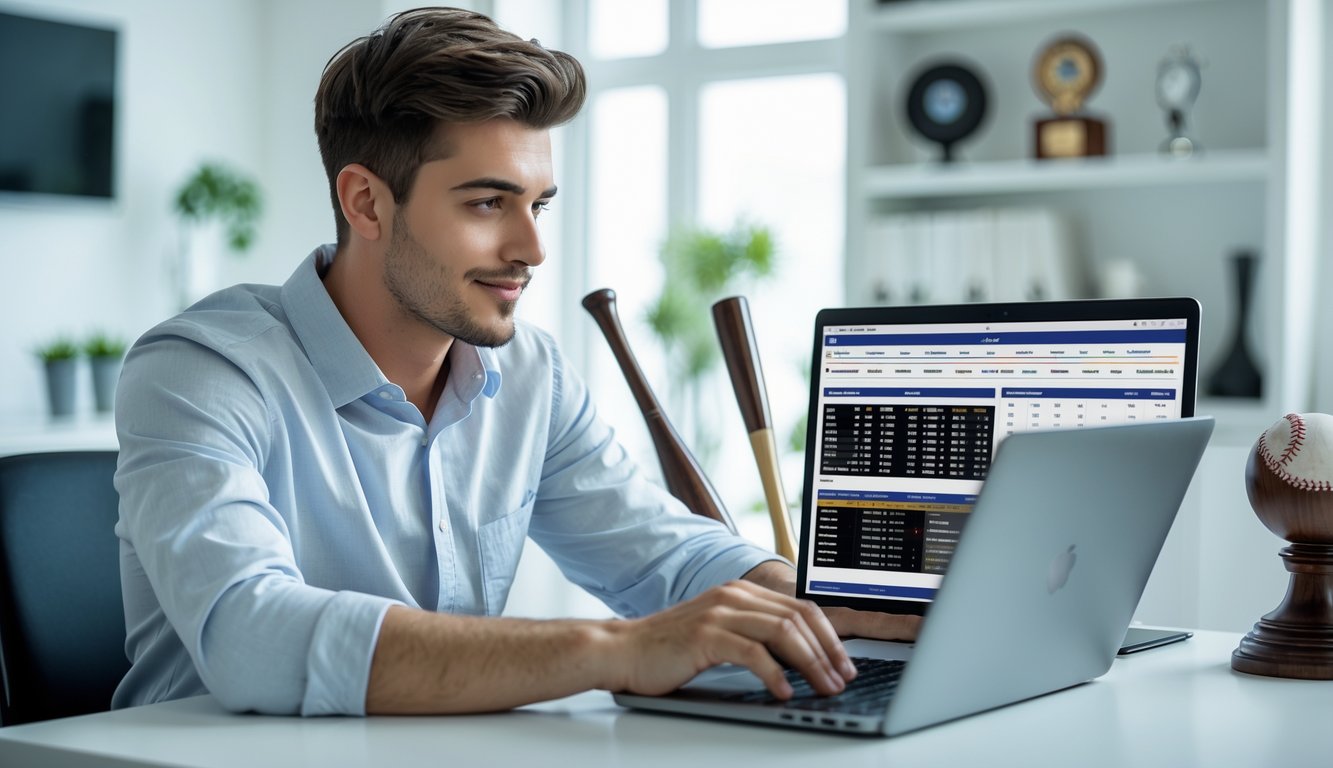 Seorang pria muda duduk di meja dengan laptop, fokus melihat statistik dan peluang taruhan baseball, di ruang kerja rumah yang terang dan rapi.