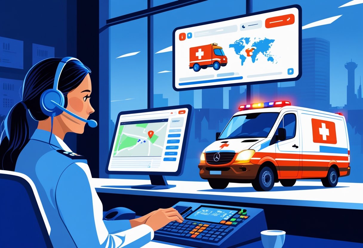 Centro de atendimento de emergência com um atendente usando fone de ouvido, um mapa digital mostrando um ícone de ambulância em movimento e uma ambulância com luzes piscando saindo rapidamente.