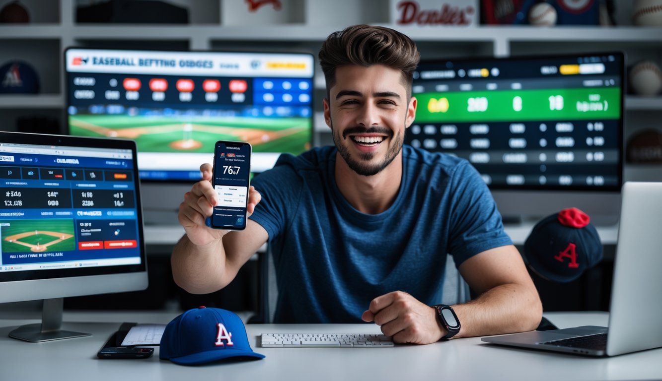 Seorang pria muda tersenyum sambil duduk di depan meja dengan beberapa layar yang menampilkan statistik baseball dan situs taruhan.