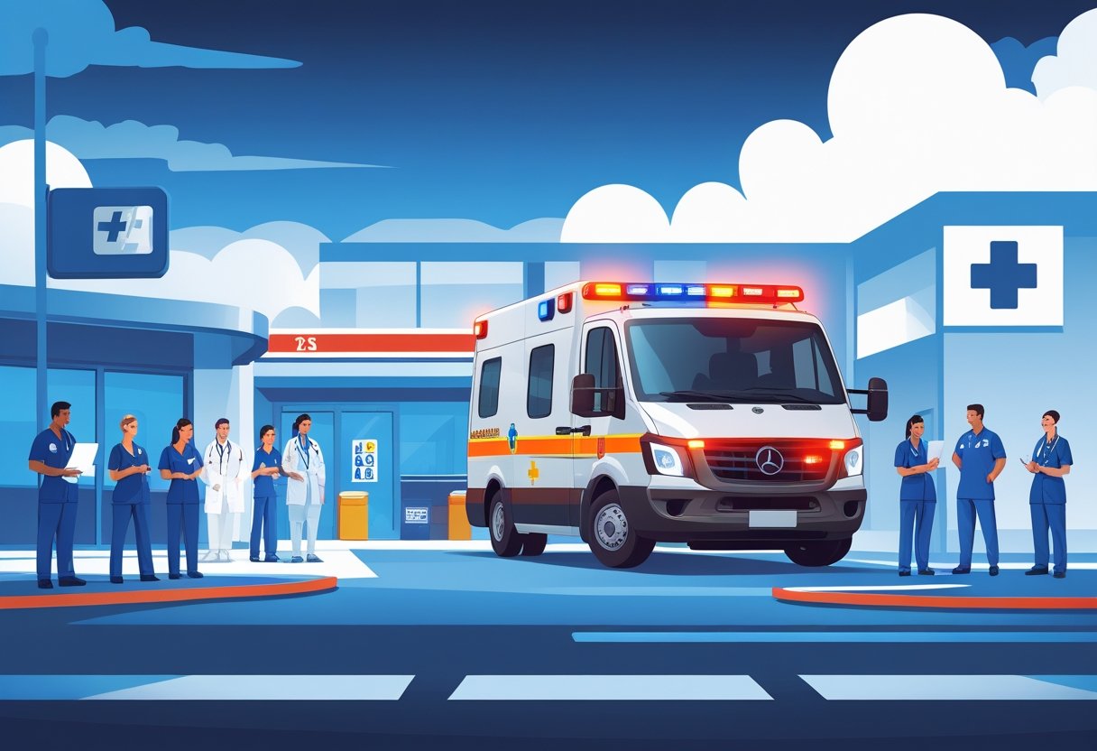 Ambulância com luzes piscando próxima à entrada de um hospital, com profissionais de saúde se preparando para uma emergência, em um cenário urbano que representa o Brasil.