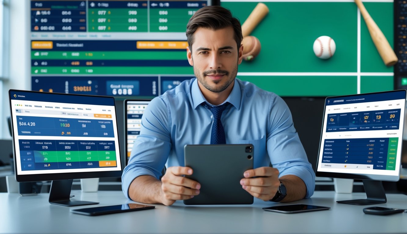 Seorang pria duduk di meja dengan layar komputer menampilkan statistik dan skor baseball, memeriksa data taruhan dengan fokus.